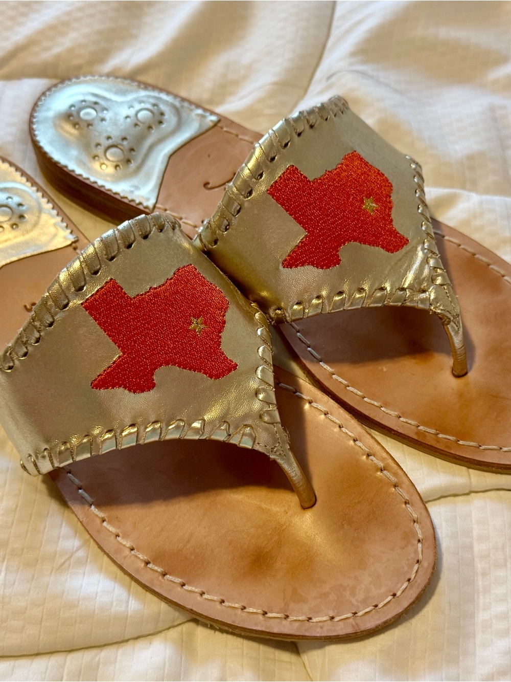 Jack Rogers Gold Leather Sandals with Red Texas Patch